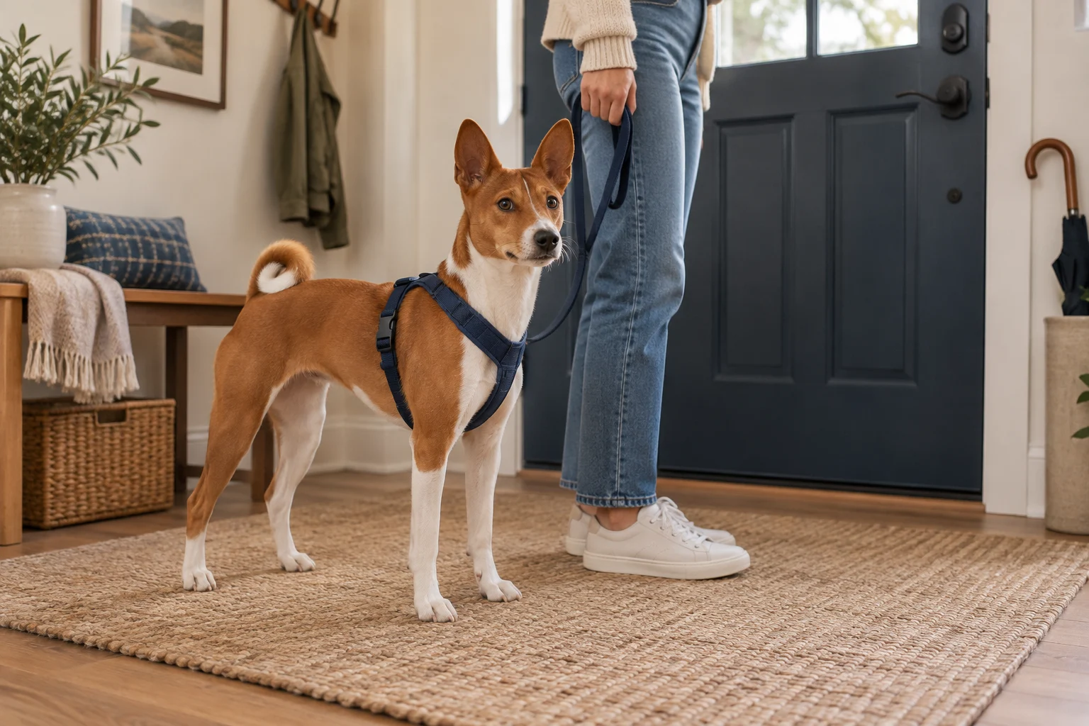 A Basenji in a harness beside its owner and a closed front door