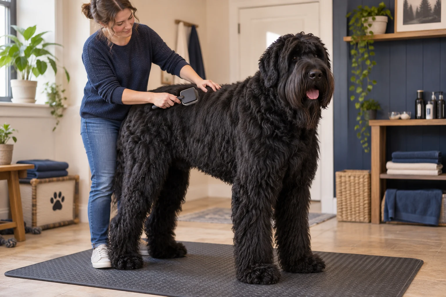 A Black Russian Terrier calmly being brushed on a nonslip mat