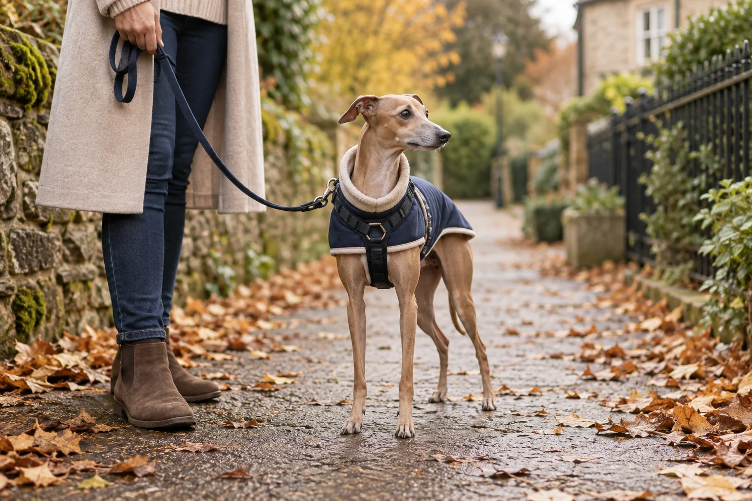 An Italian Greyhound wearing a coat and harness on a cool-weather lead walk