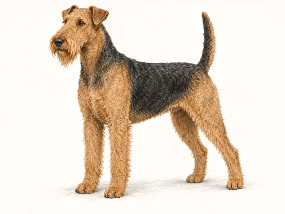 Original illustration of an adult Airedale Terrier