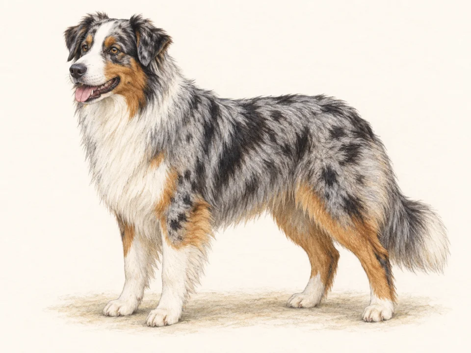 Original illustration of an adult Australian Shepherd