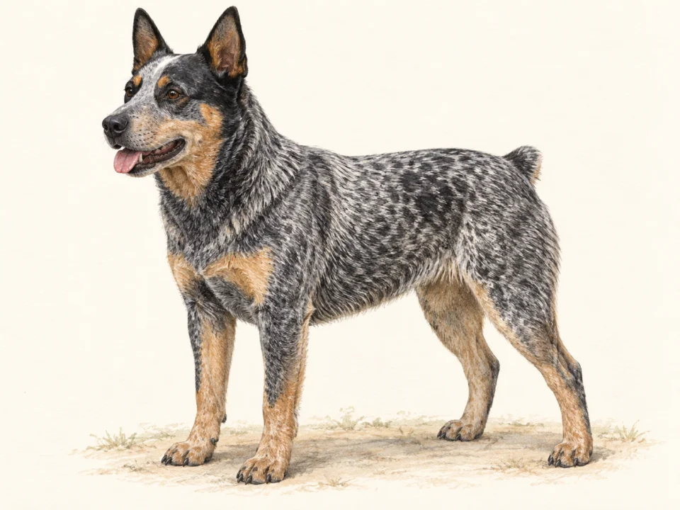 Original illustration of an adult Australian Stumpy Tail Cattle Dog