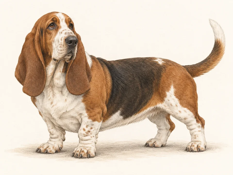 Original illustration of an adult Basset Hound