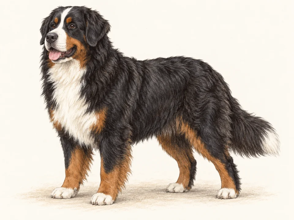 Original illustration of an adult Bernese Mountain Dog