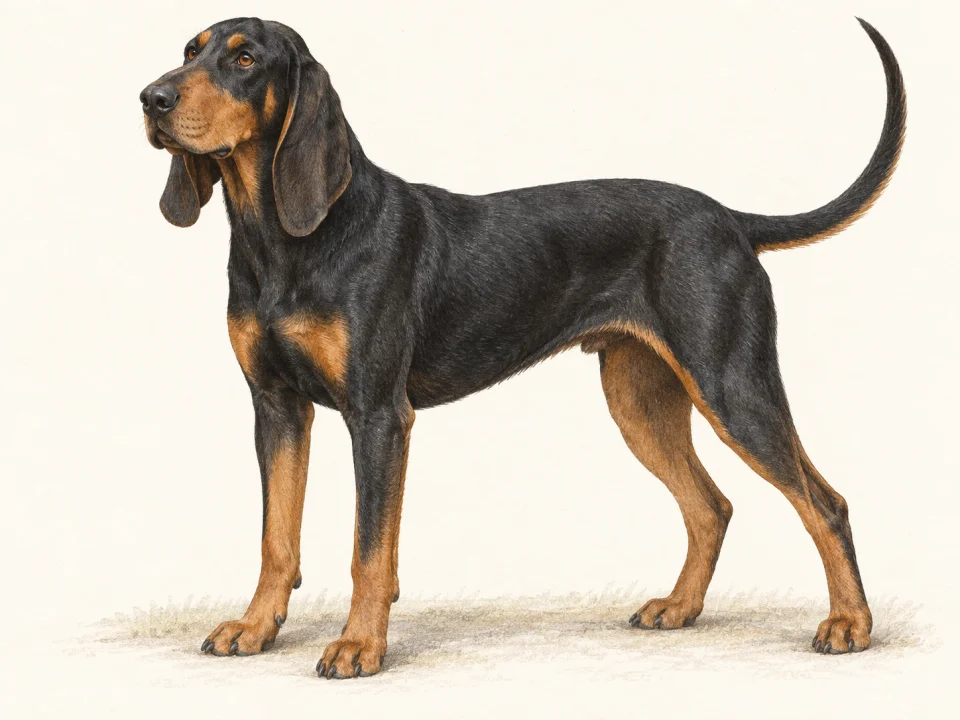 Original illustration of an adult Black and Tan Coonhound