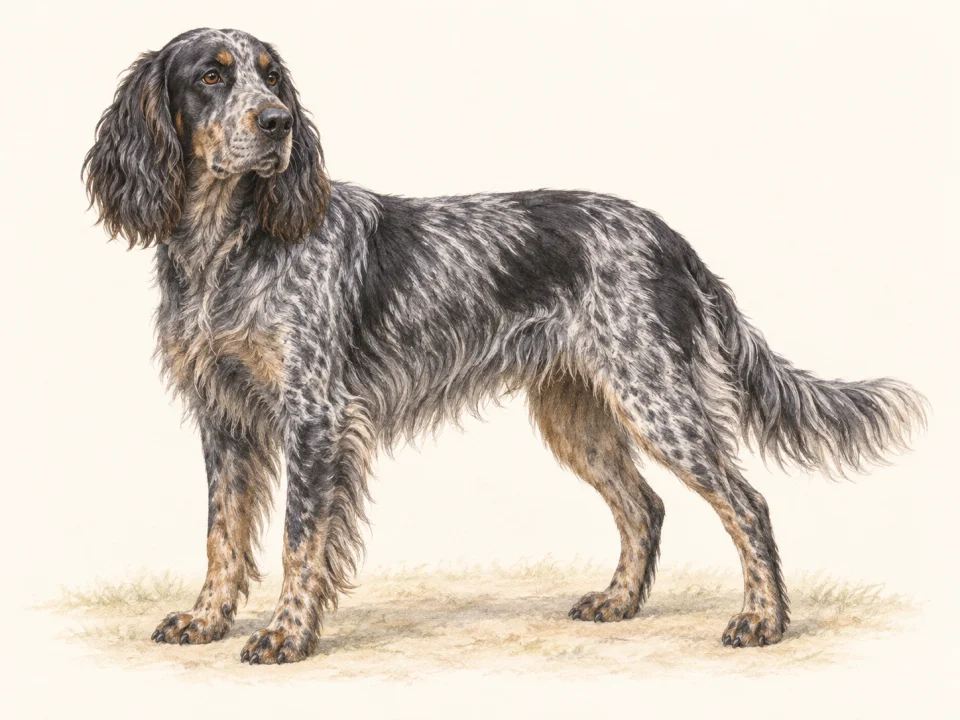 Original illustration of an adult Blue Picardy Spaniel