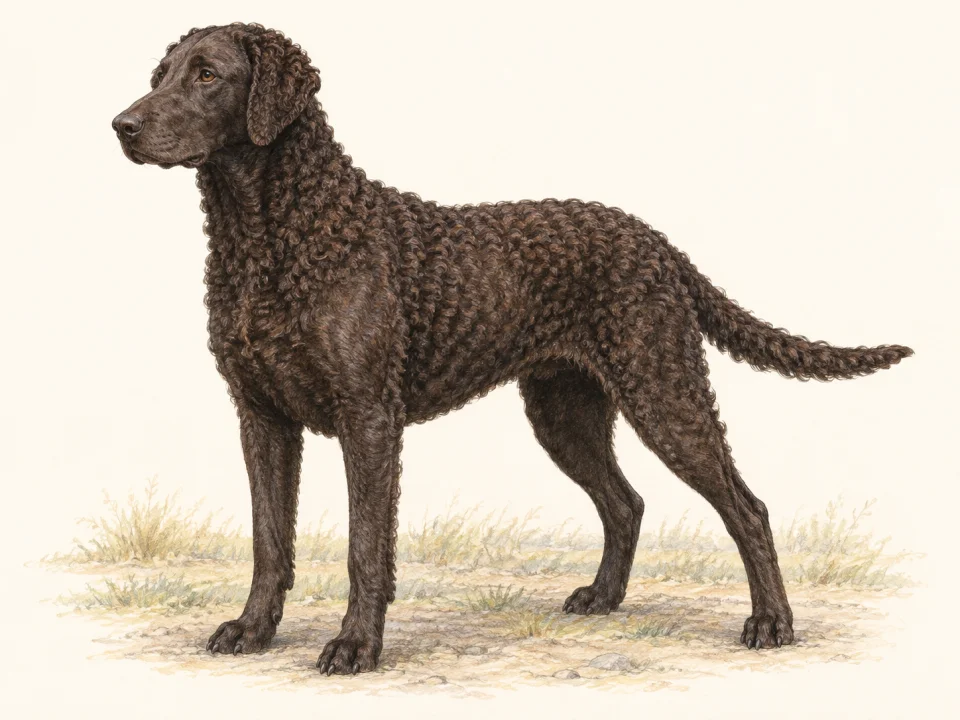 Original illustration of an adult Curly-Coated Retriever