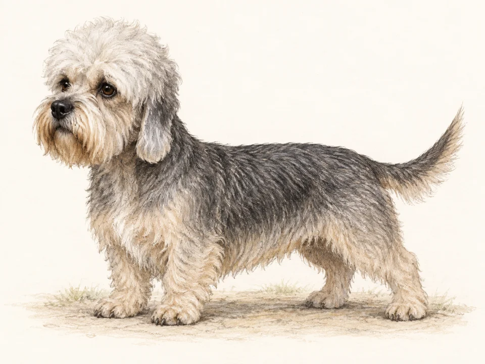 Original illustration of an adult Dandie Dinmont Terrier