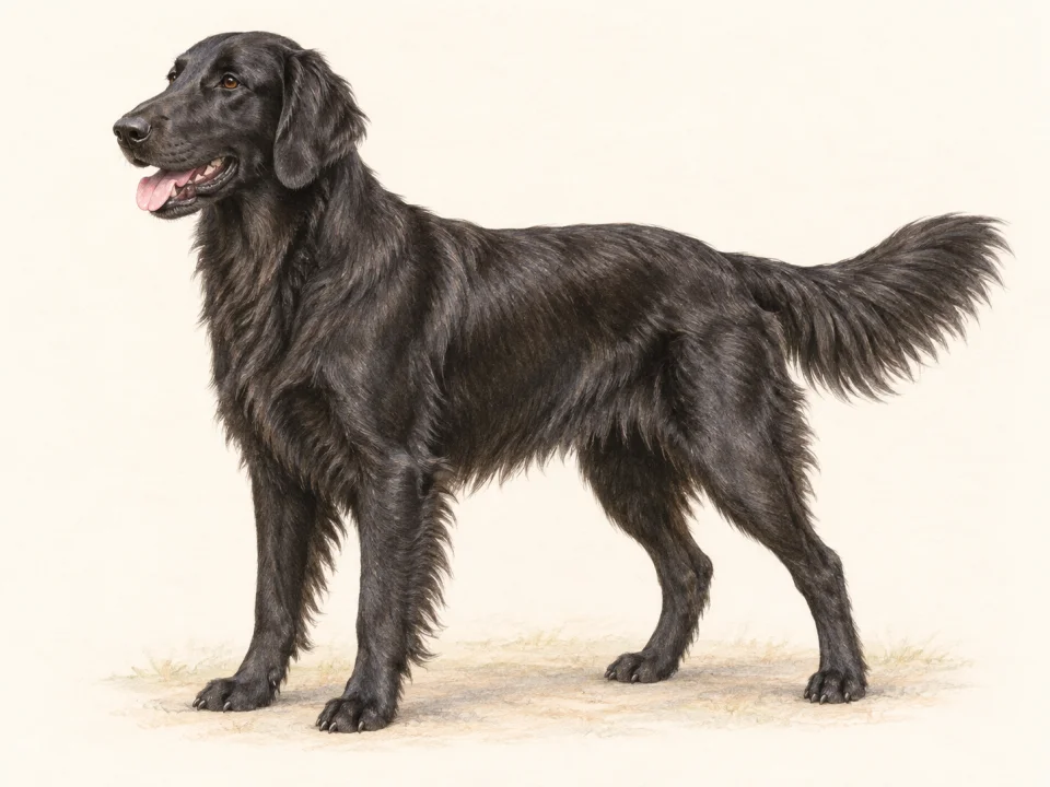 Original illustration of an adult Flat-Coated Retriever