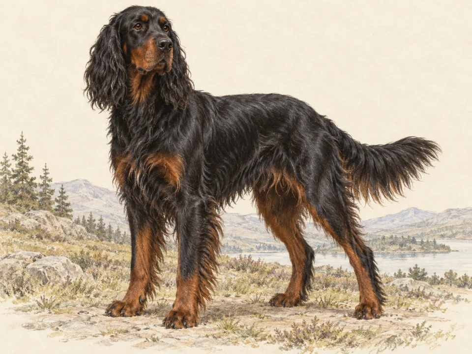 Original illustration of an adult Gordon Setter