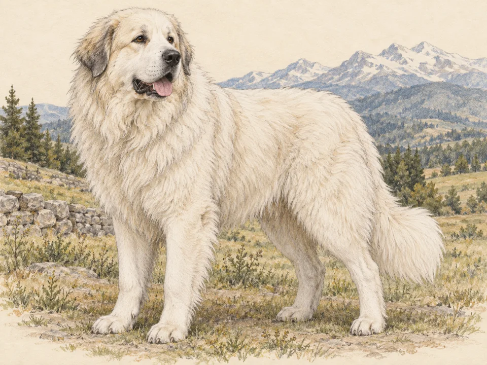 Original illustration of an adult Great Pyrenees