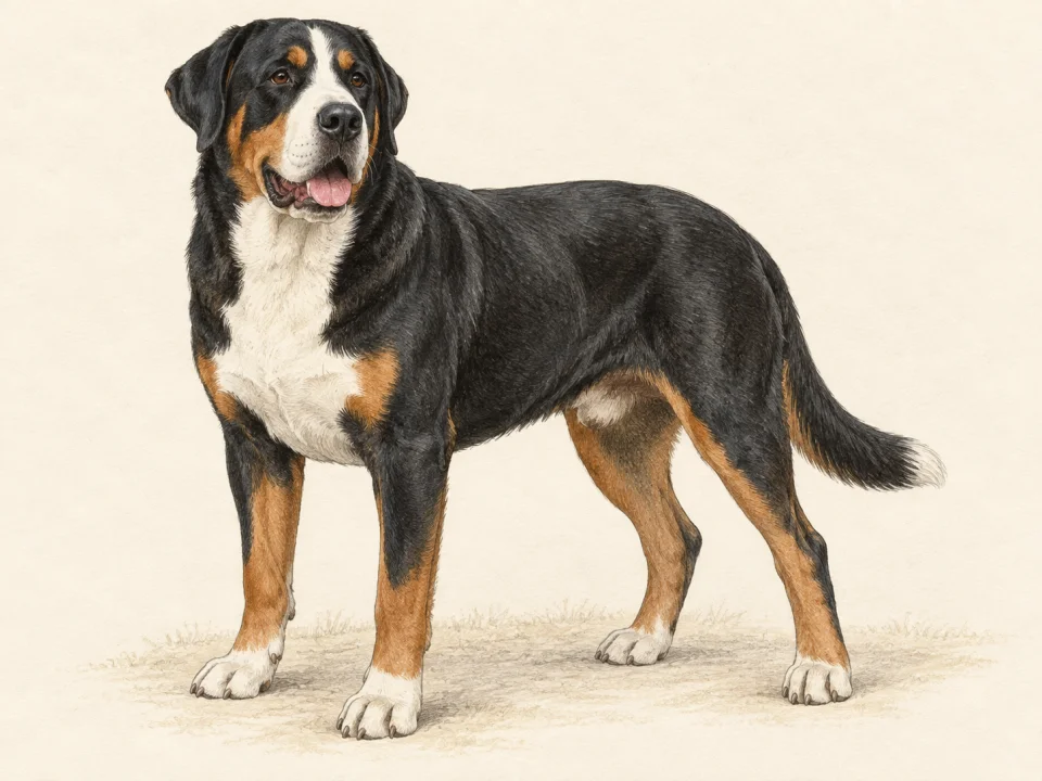 Original illustration of an adult Greater Swiss Mountain Dog