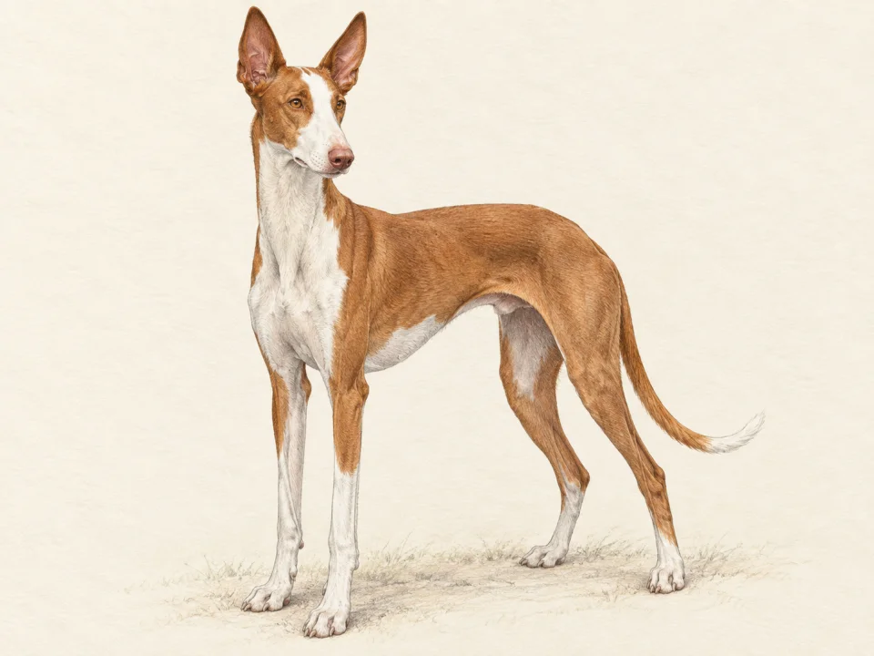 Original illustration of an adult Ibizan Hound