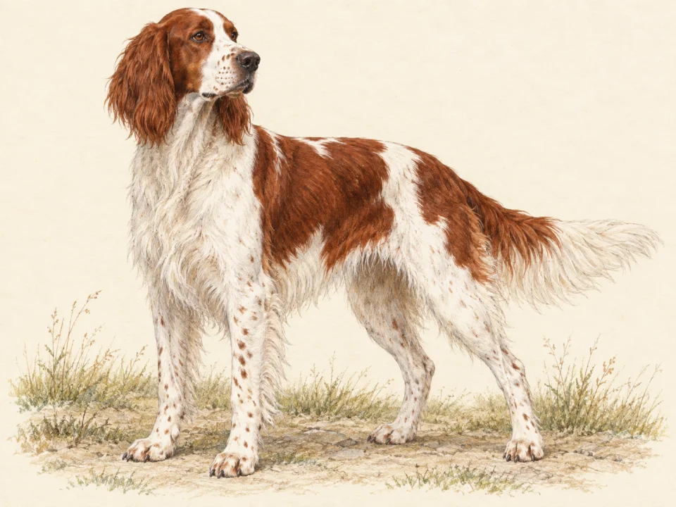 Original illustration of an adult Irish Red and White Setter