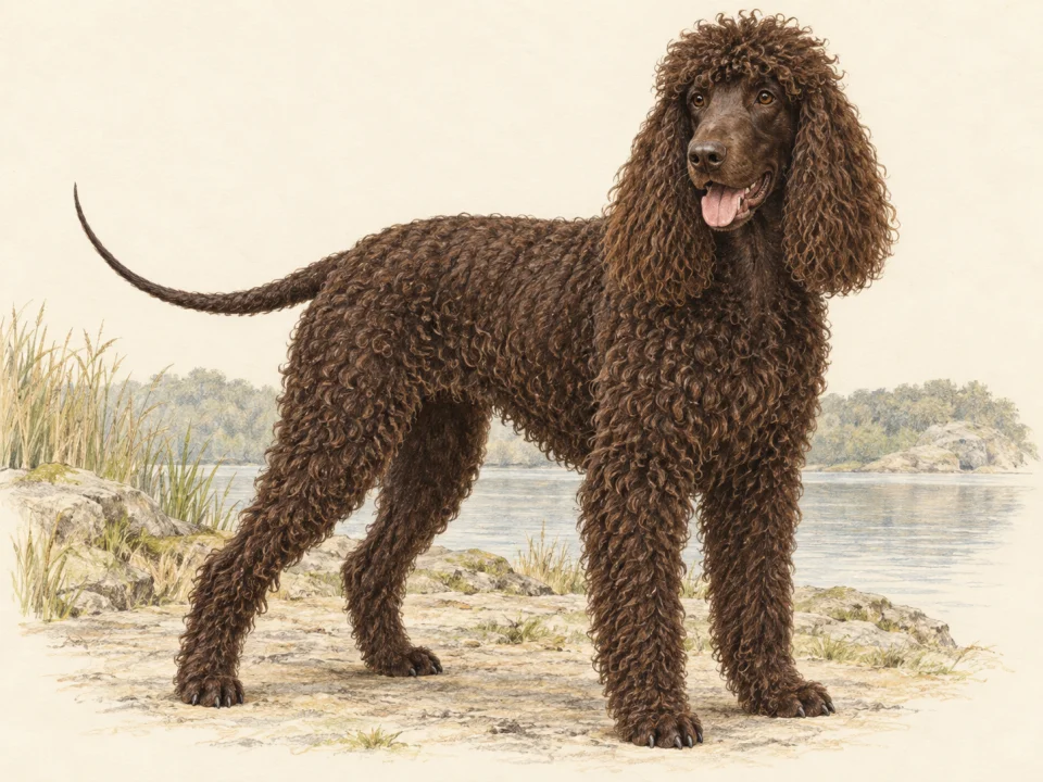 Original illustration of an adult Irish Water Spaniel