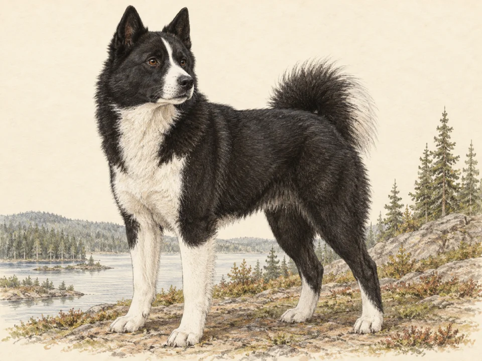 Original illustration of an adult Karelian Bear Dog