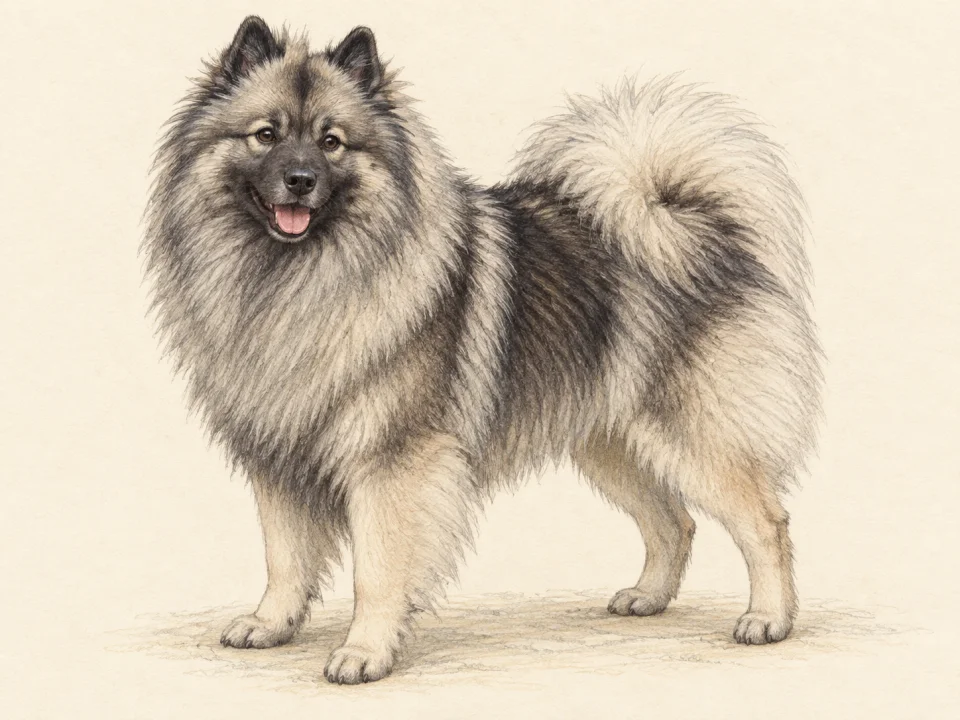Original illustration of an adult Keeshond