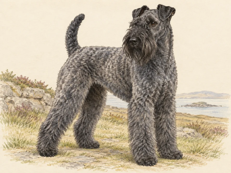 Original illustration of an adult Kerry Blue Terrier