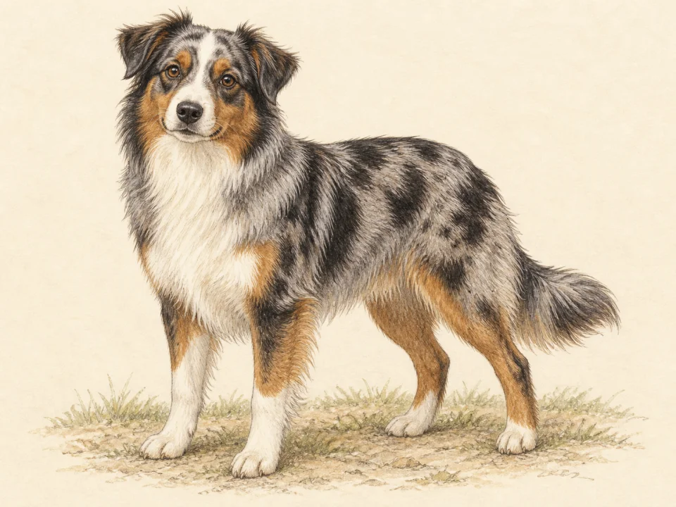 Original illustration of an adult Miniature American Shepherd