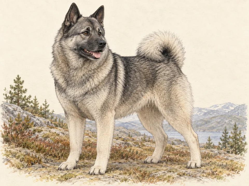 Original illustration of an adult Norwegian Elkhound
