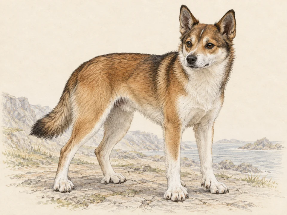 Original illustration of an adult Norwegian Lundehund