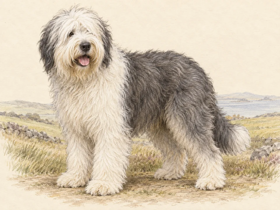 Original illustration of an adult Old English Sheepdog