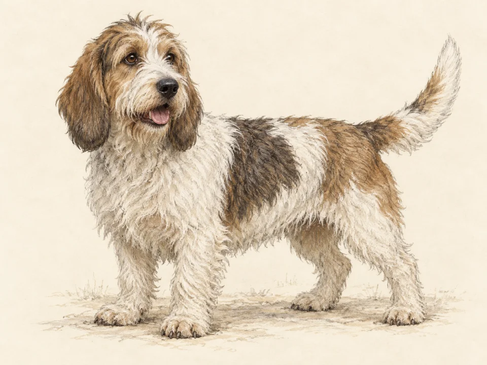 Original illustration of an adult Petit Basset Griffon Vendéen