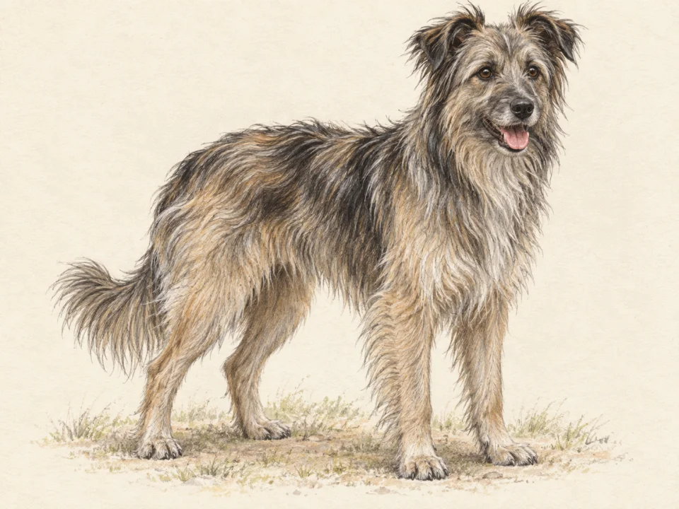 Original illustration of an adult Pyrenean Shepherd