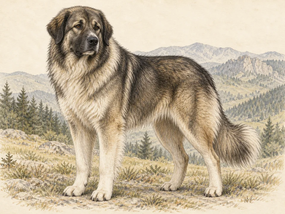 Original illustration of an adult Romanian Carpathian Shepherd