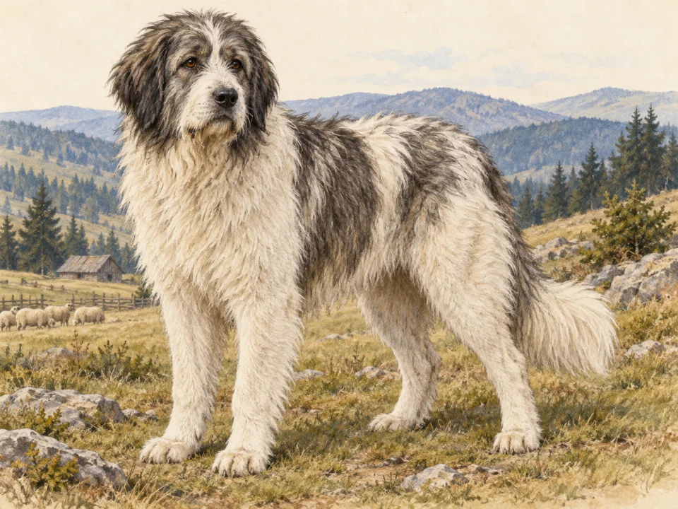 Original illustration of an adult Romanian Mioritic Shepherd Dog