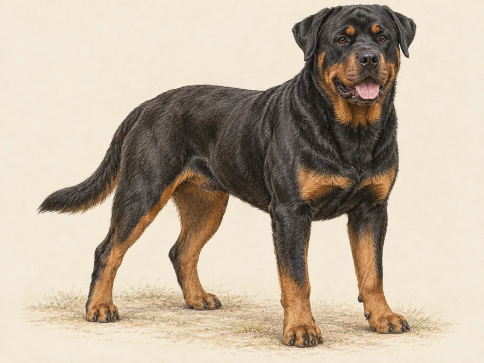 Original illustration of an adult Rottweiler