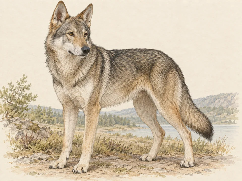 Original illustration of an adult Saarloos Wolfhond