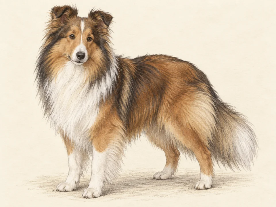 Original illustration of an adult Shetland Sheepdog