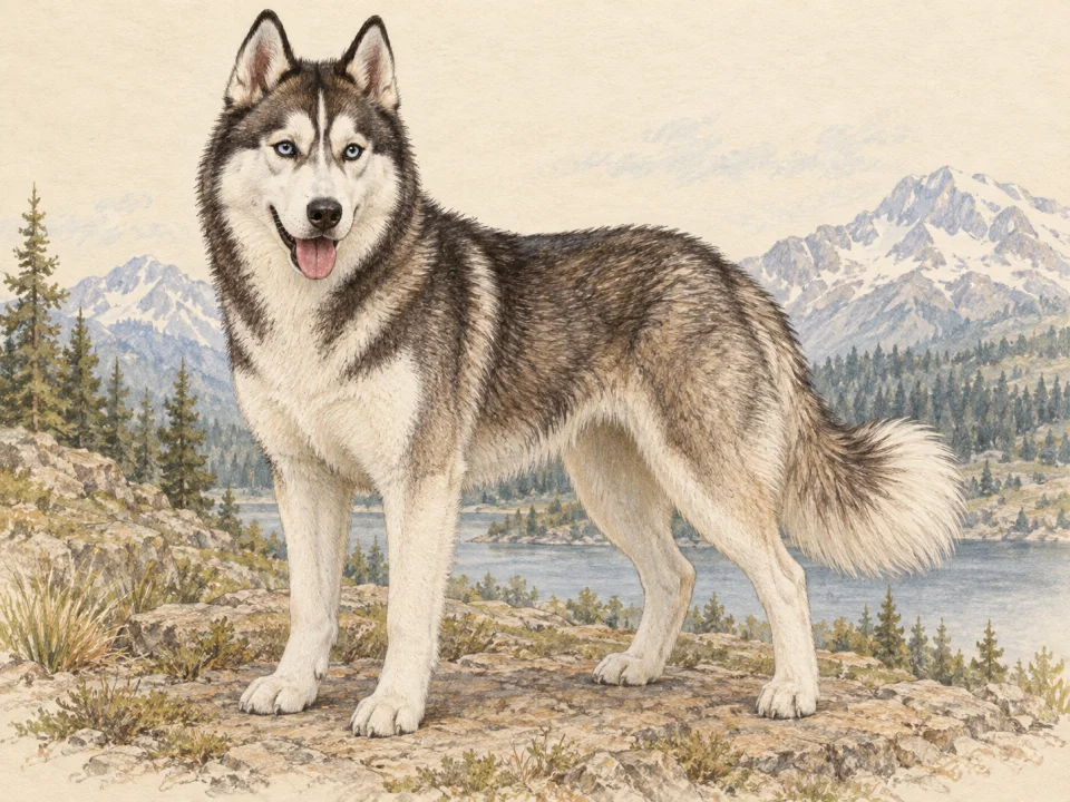 Original illustration of an adult Siberian Husky
