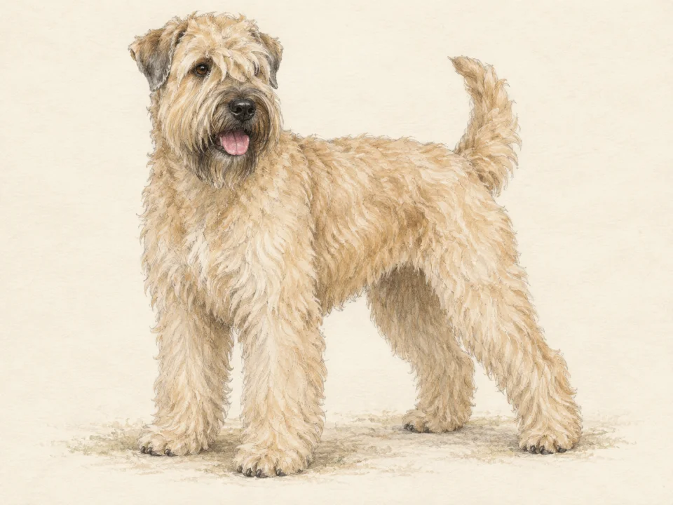 Original illustration of an adult Soft Coated Wheaten Terrier