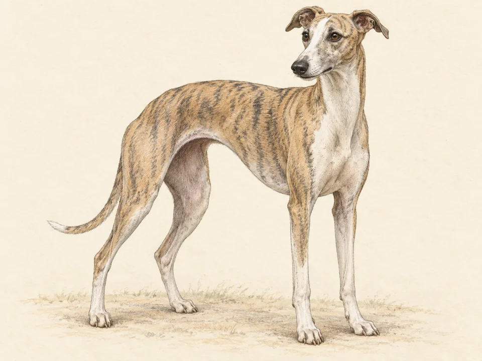 Original illustration of an adult Whippet