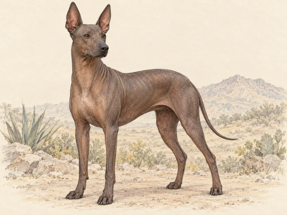 Original illustration of an adult Xoloitzcuintli