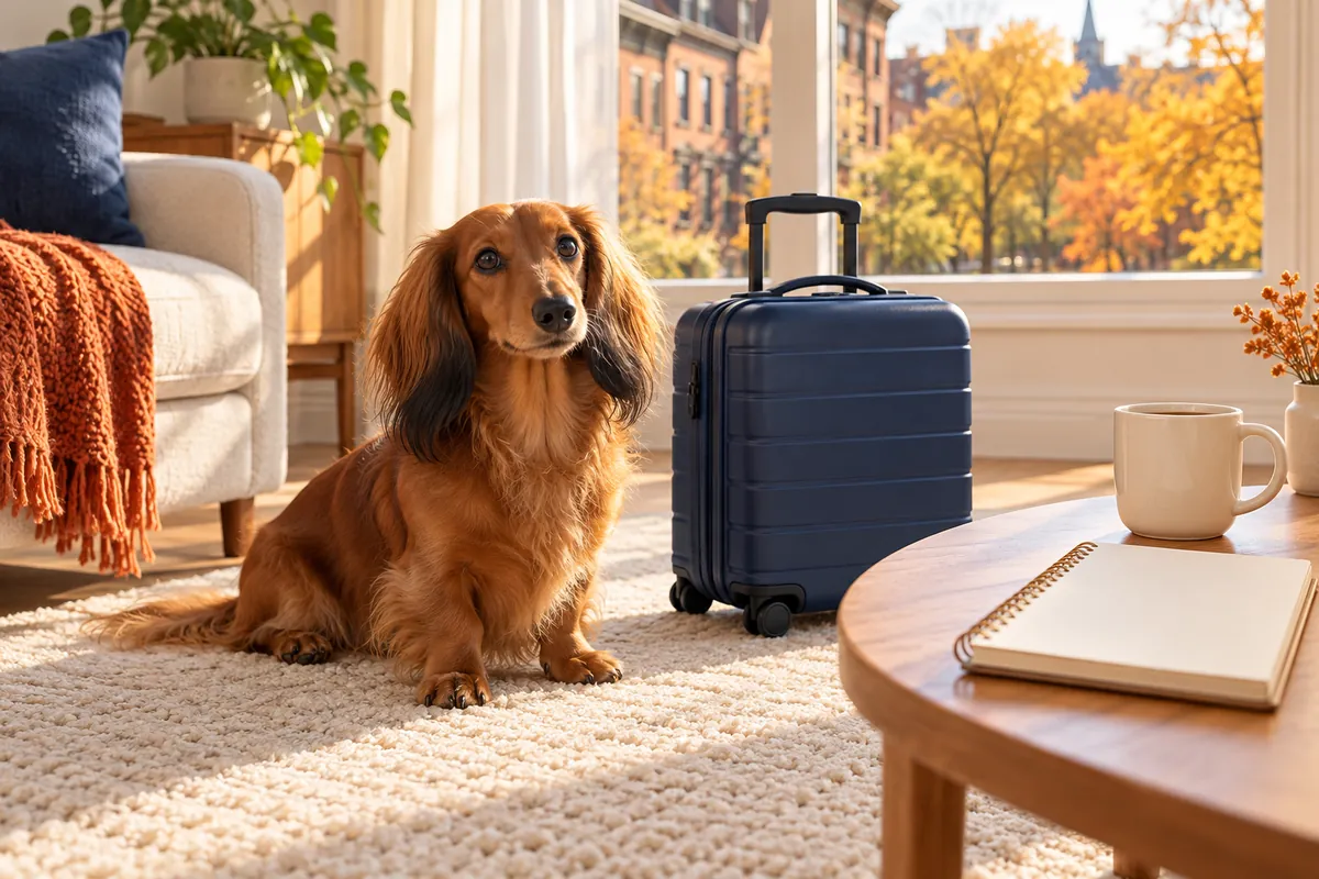 A long-haired Dachshund sits beside a small suitcase, with a coffee mug and blank notebook on a nearby table