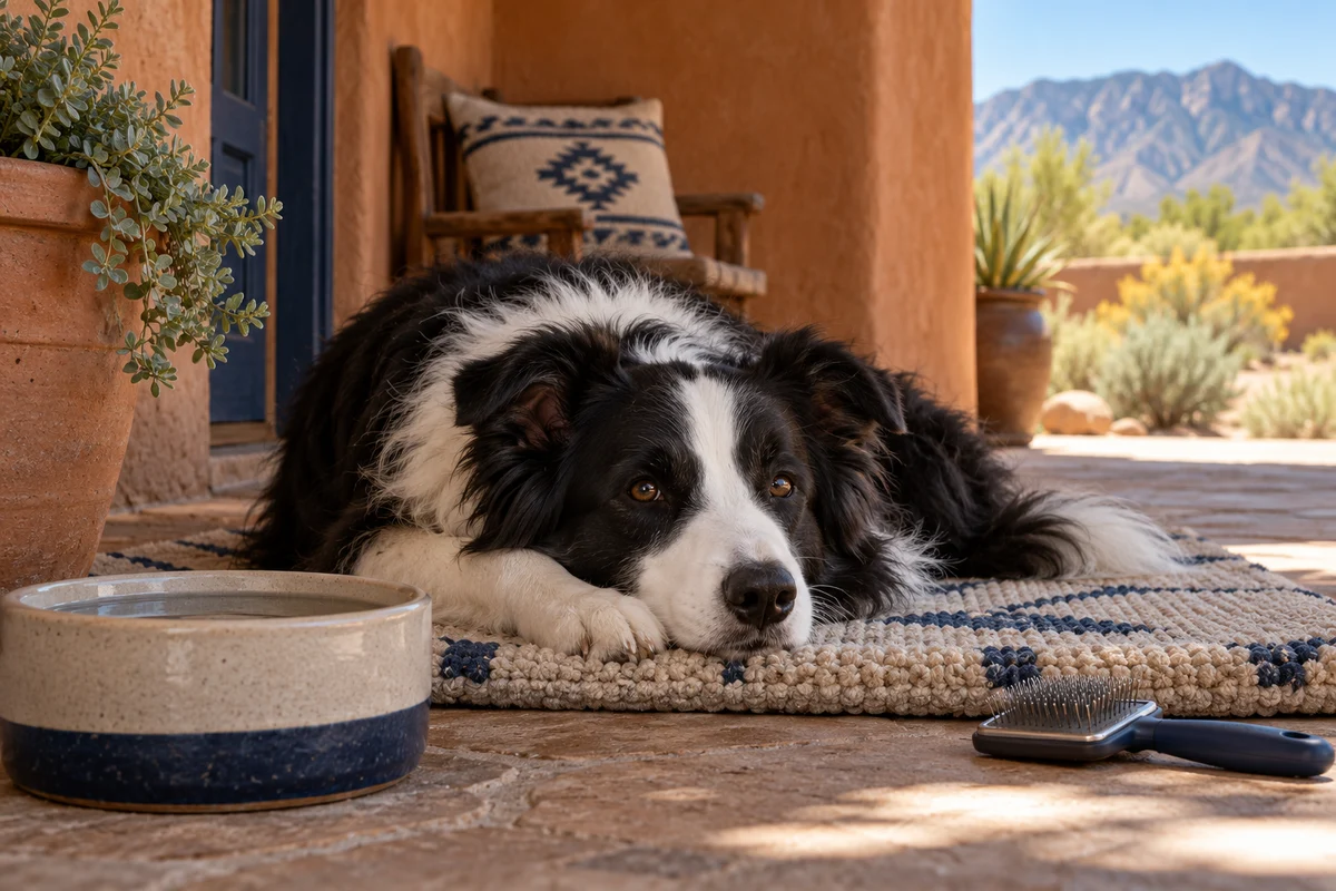 A border collie resting on a mat beside a water bowl and grooming brush in a shaded adobe courtyard
