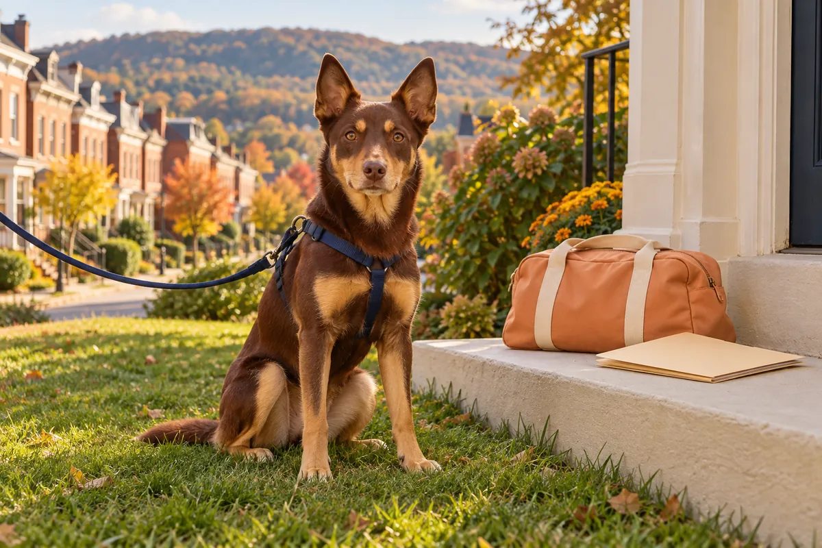 An Australian Kelpie waits beside a home entrance with an overnight bag and blank folder on the step