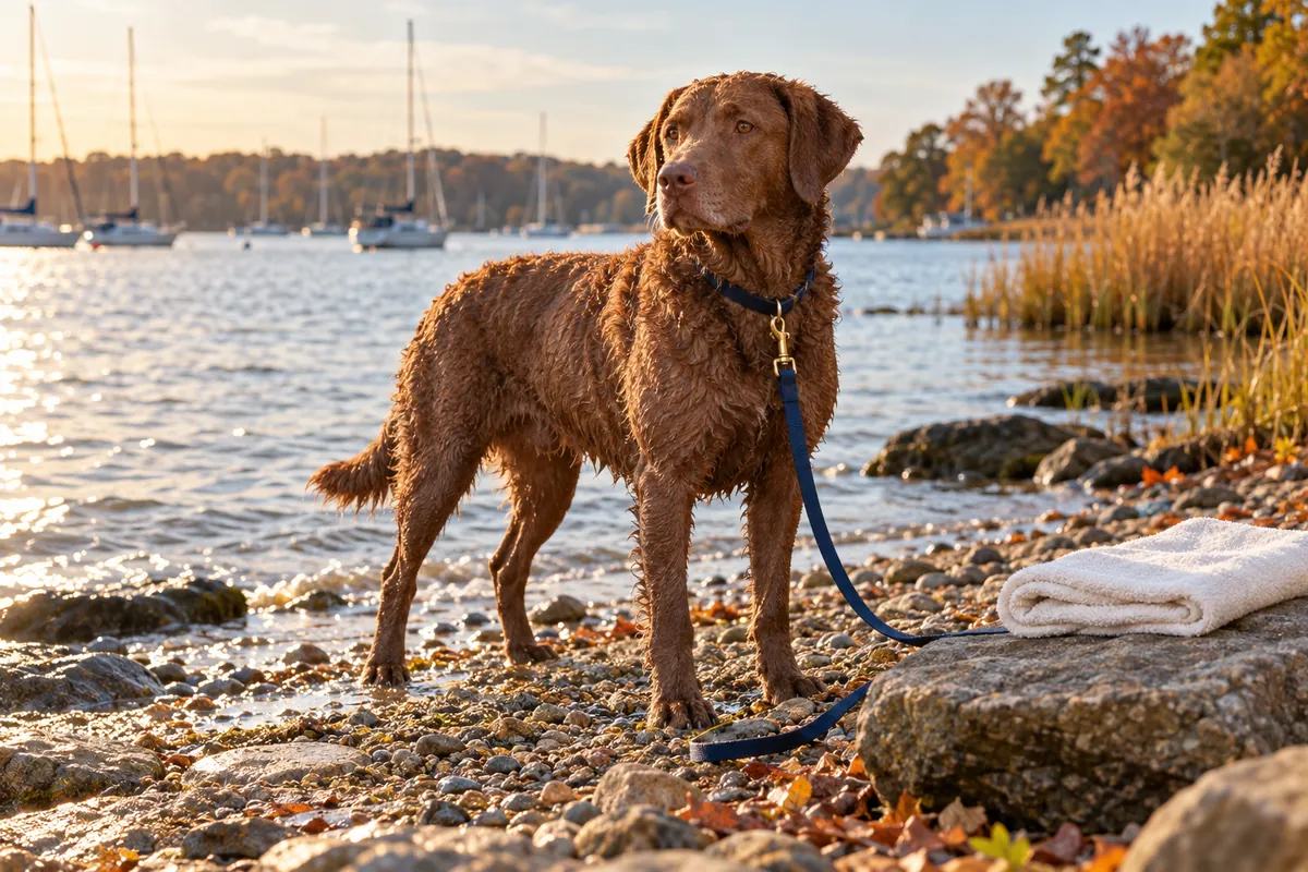 A damp Chesapeake Bay Retriever stands on a pebbled shoreline beside a towel and long leash, with sailboats across the inlet