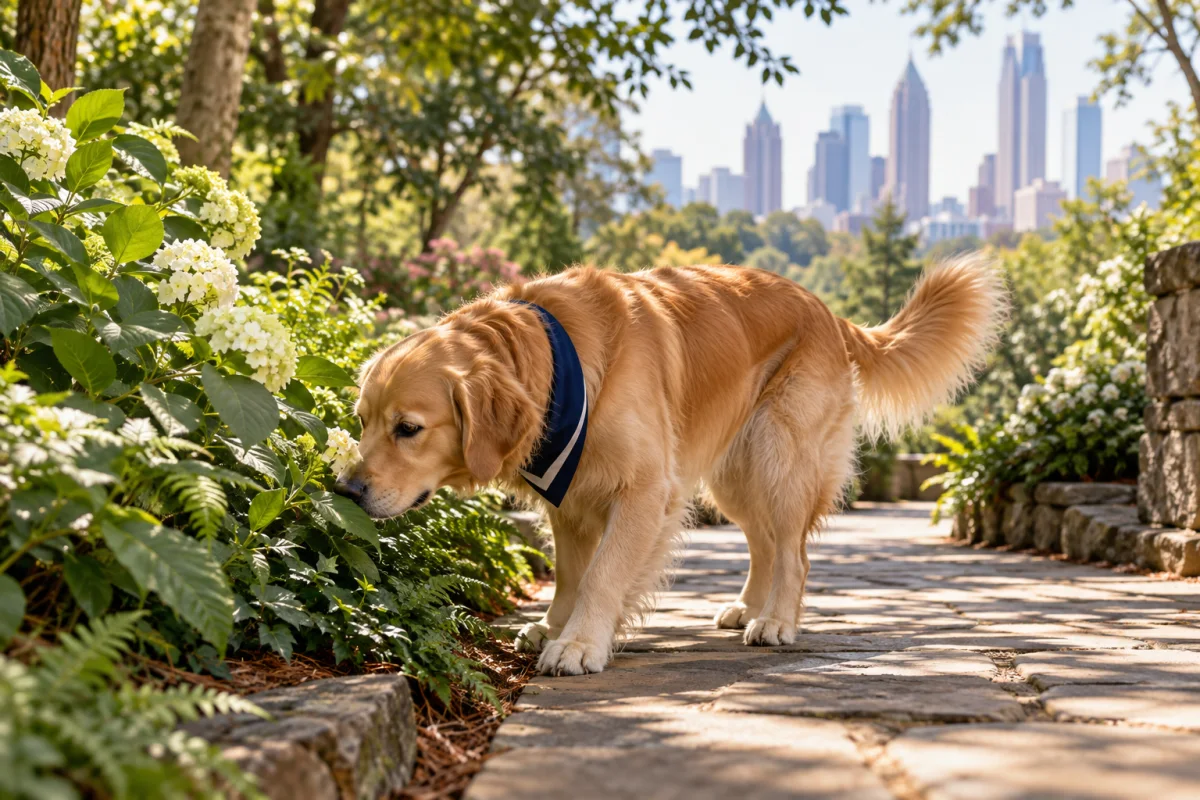 A retriever sniffing plants beside a shaded Atlanta garden path