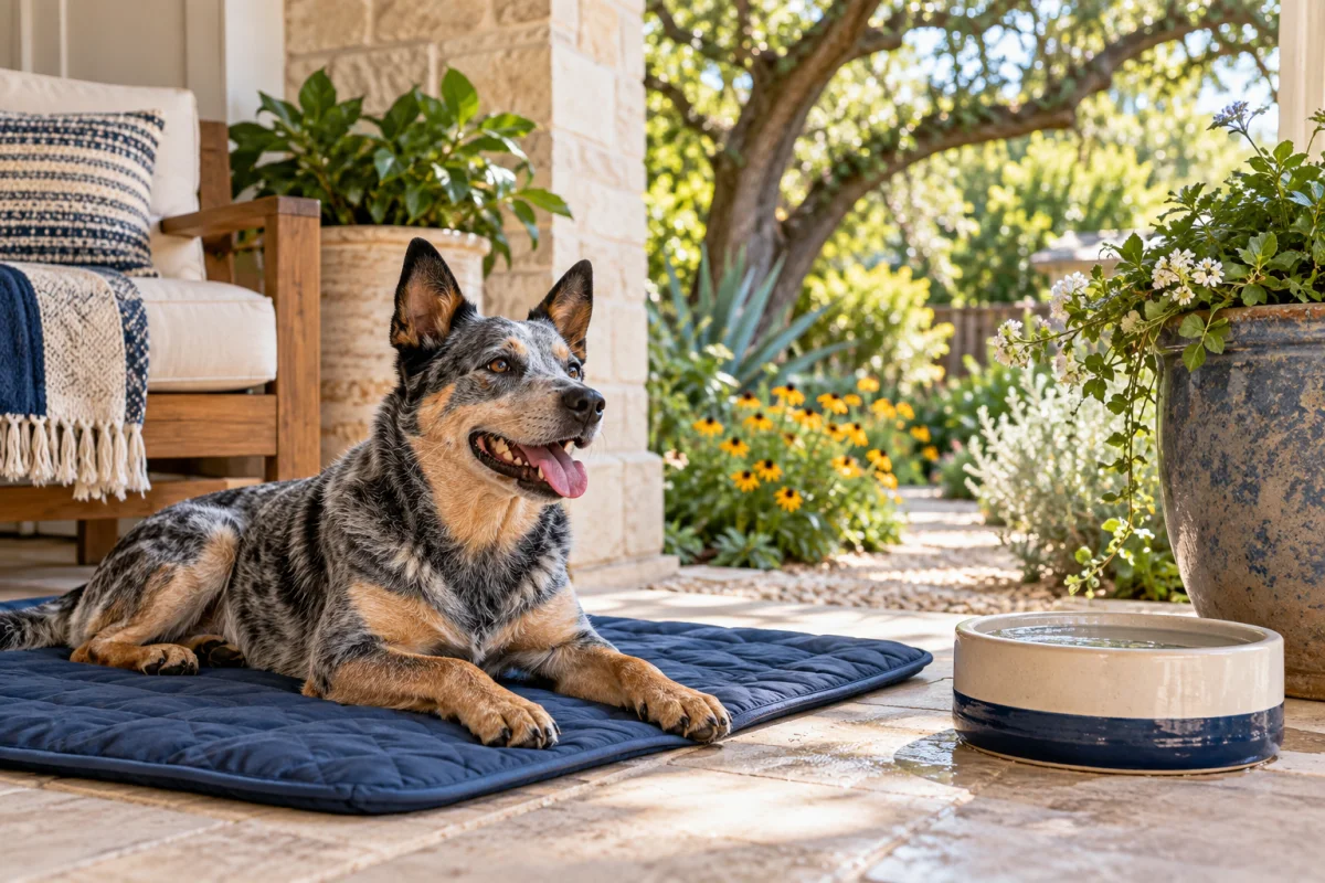 A cattle dog resting in shade on an Austin porch beside a water bowl