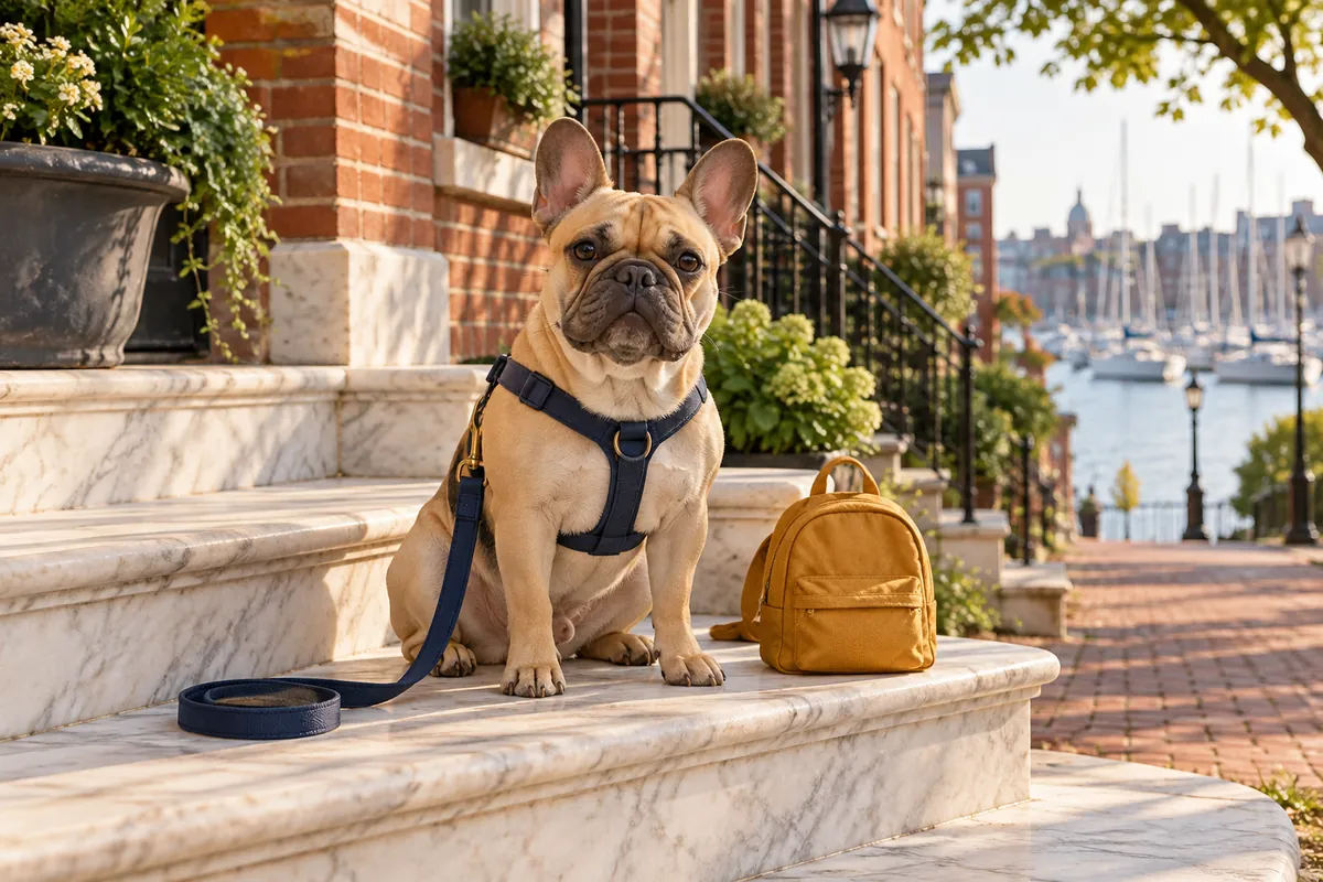 A French Bulldog wearing a harness sits on white marble row-house steps beside a daycare backpack, with sailboat masts in the distance