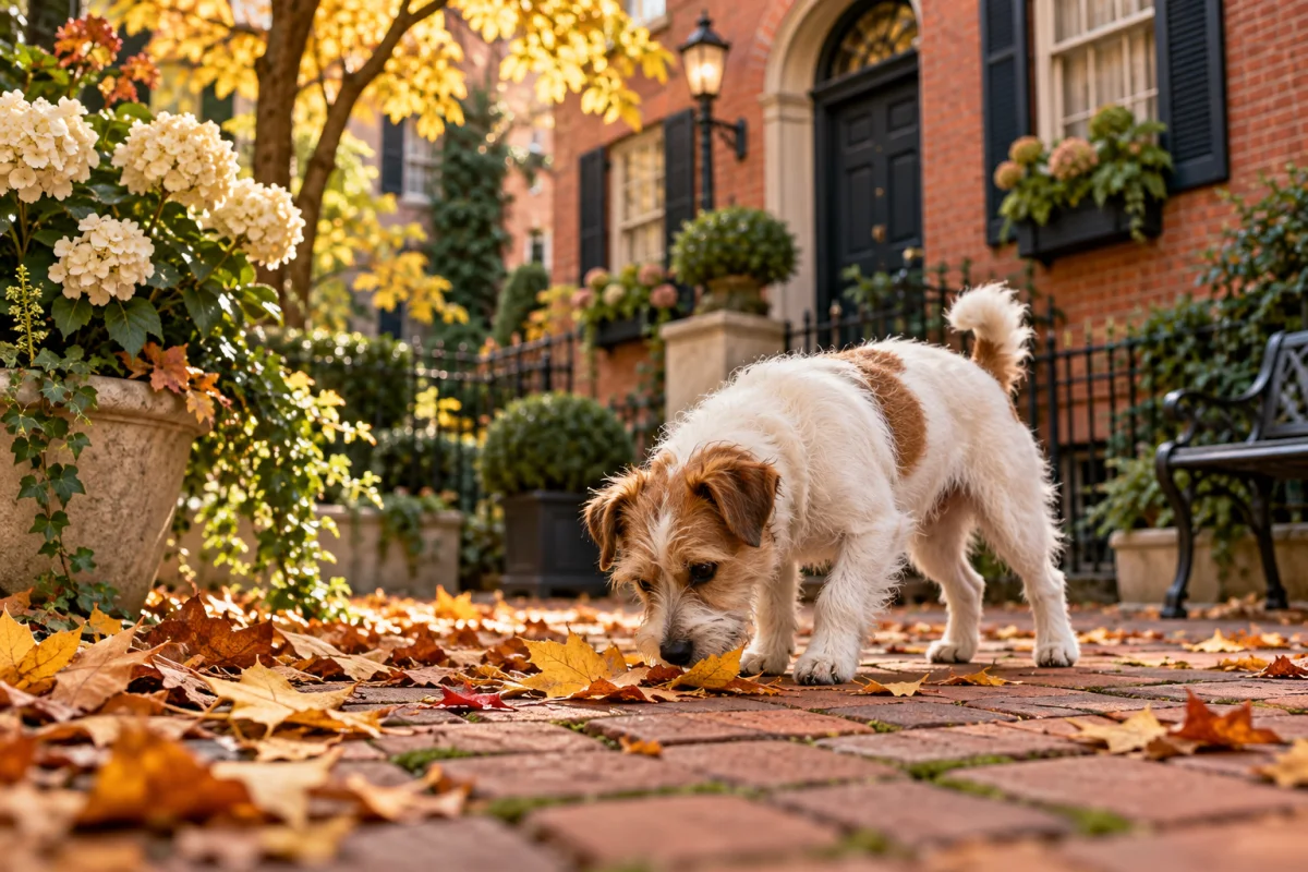 A terrier among autumn leaves in a Boston brick courtyard
