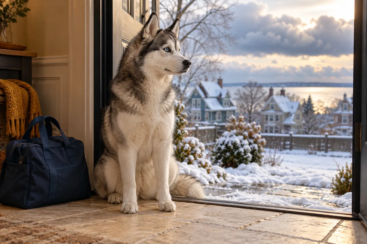 A Siberian Husky sits at a sheltered doorway beside an overnight bag, looking toward a snow-dusted backyard and timber houses