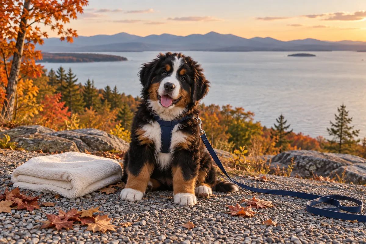 A Bernese Mountain Dog puppy sits beside a towel and long leash, overlooking a lake and distant mountains