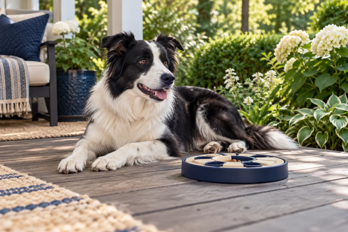 A border collie resting on a shaded Charlotte deck beside a puzzle feeder
