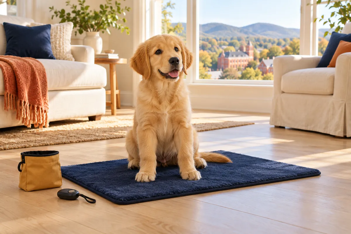 A Golden Retriever puppy sits on a navy training mat beside a treat pouch and clicker in a sunlit room