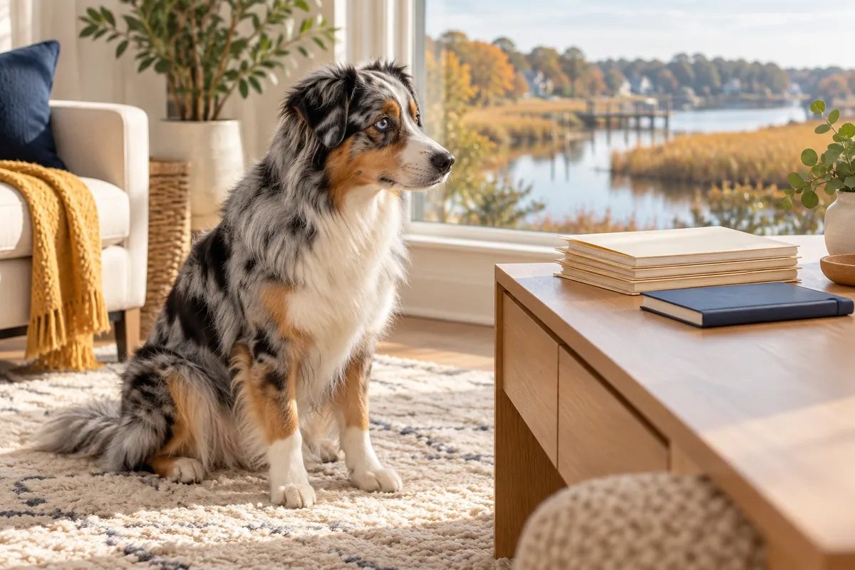 A blue-merle Australian Shepherd sits beside blank folders and a navy notebook, with a canal and reeds outside the window